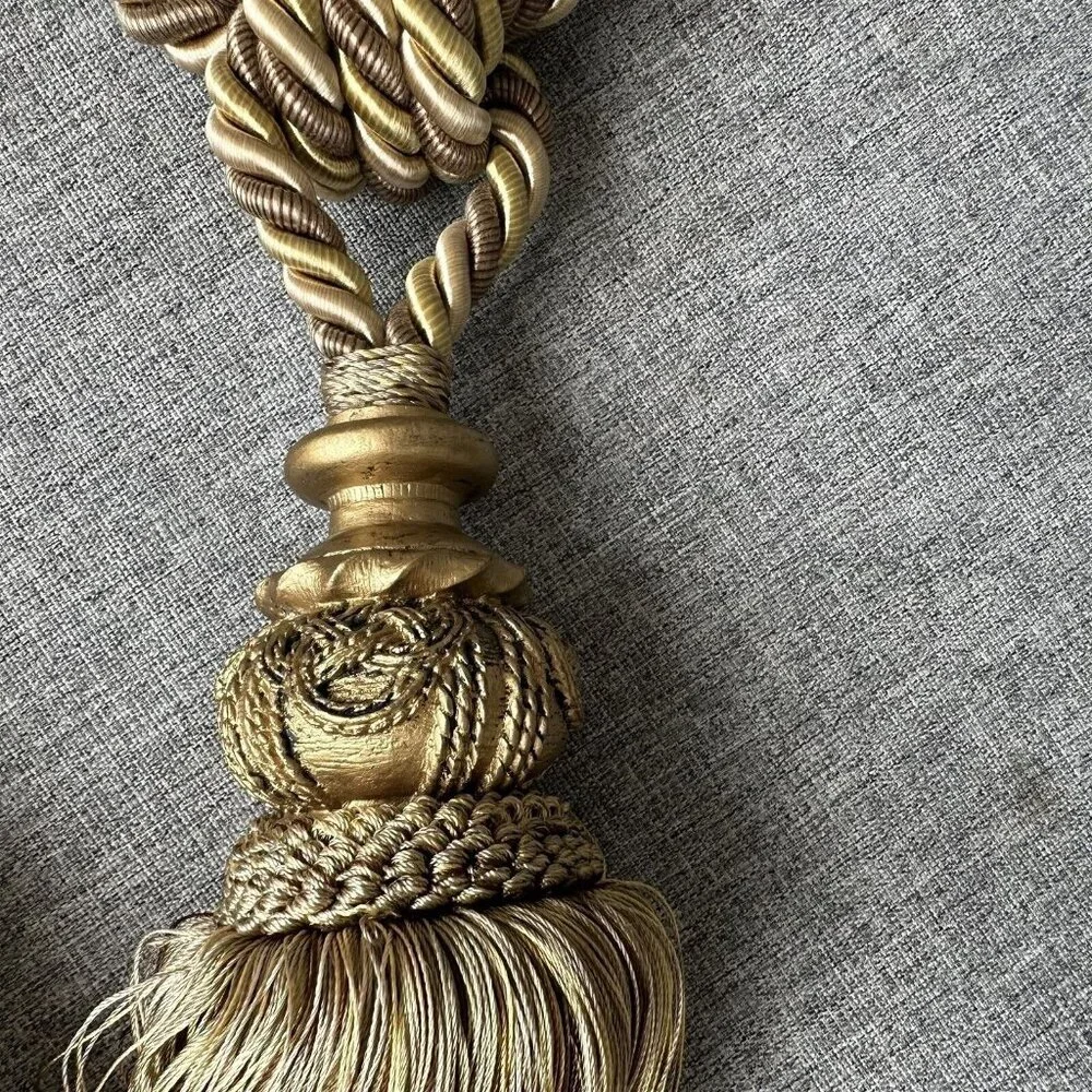 Pair Curtain Tiebacks HOLDERS DRAPERY TASSEL Set of 2 Rope Cord Gold Thick